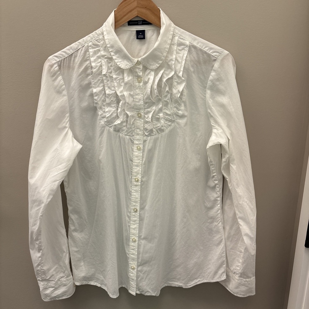 Gap Shirt Women's 12 White Ruffles Roll Tab Sleeves Business Casual